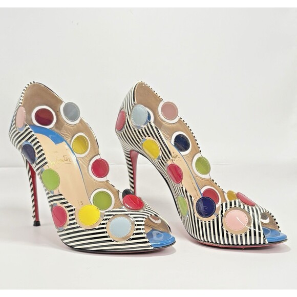 Christian Louboutin Lady Bug Heels Navy/White Stripes Bright Polka Dots Sz 35.5 - Picture 1 of 16